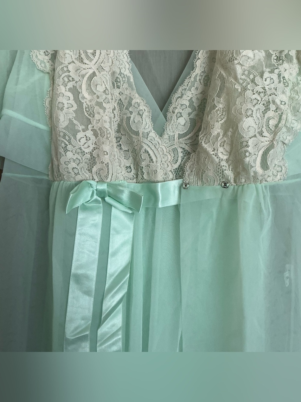 VTG Shadowline Peignoir Set Mint Green Nylon Chiffon Nightgown Gown Robe Lace S - Picture 4 of 16